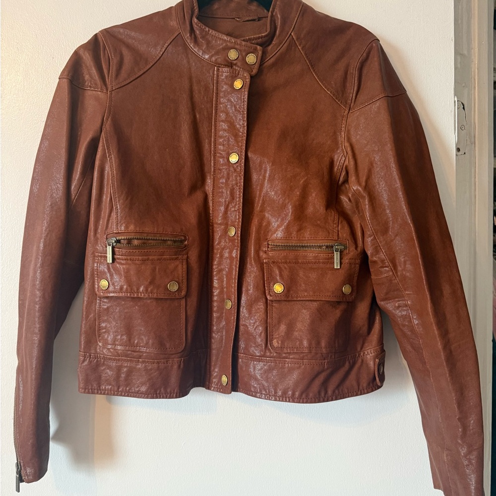 Michael Kors Chestnut Leather (REAL) Jacket with Gold Details